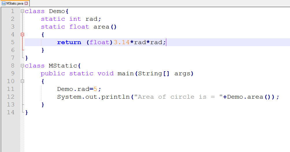 This image describes the sample program for static method under static keyword in java.